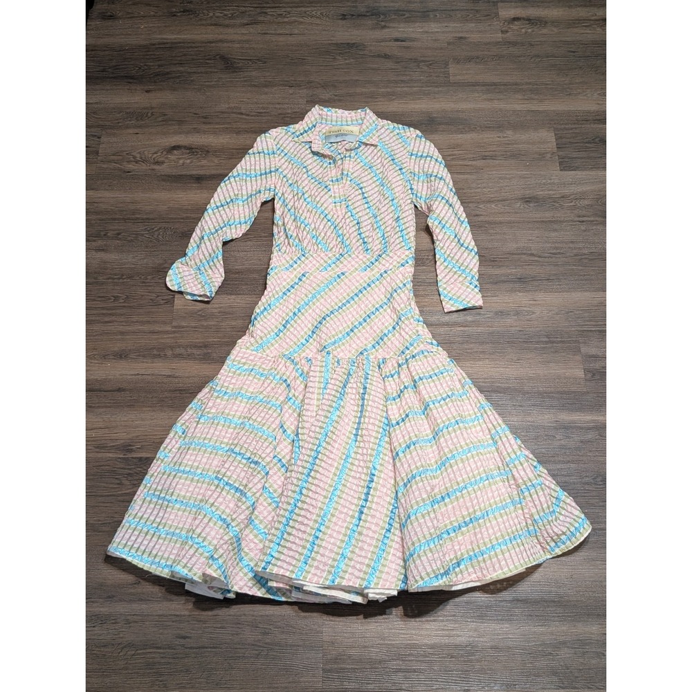 Tish‎ Cox Womens Small Pastel Plaid Seersucker Drop Waist Ruffle Midi Dress Pink